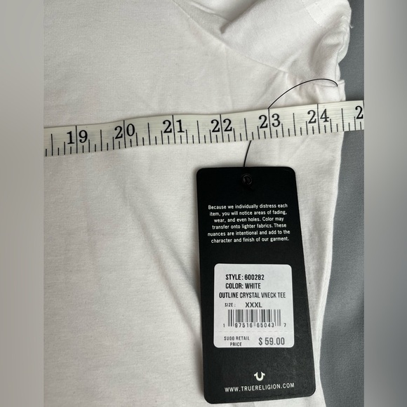 True Religion Size:3XL Women Outline Crystal V- Neck Tee White Short Sleeve - Picture 5 of 9